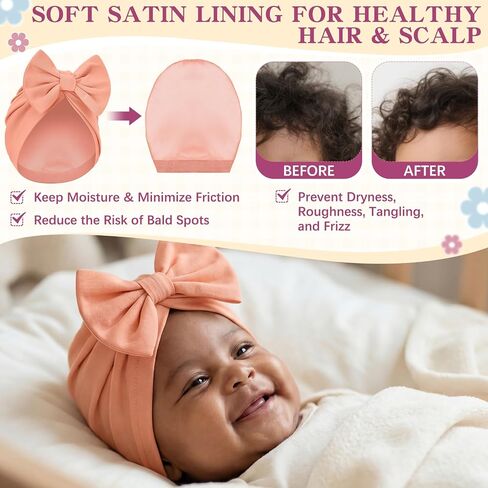 8 Pcs Newborn Satin Bonnet for 0-6 Months Infant Toddler Silky Satin Lined Stretchy Baby Turban Hats with Bow in Kuwait