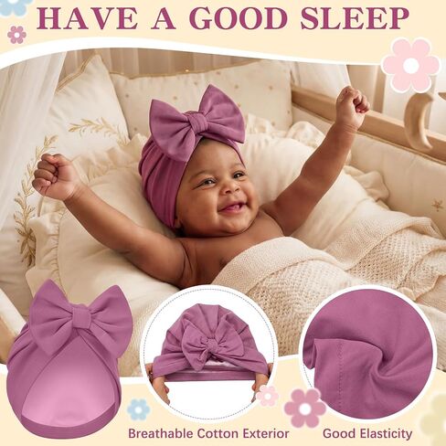 8 Pcs Newborn Satin Bonnet for 0-6 Months Infant Toddler Silky Satin Lined Stretchy Baby Turban Hats with Bow in Kuwait