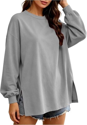 Fall Shirts for Women Crew Neck Long Sleeve Loose Side Slit Pullover Tops | Lightweight Sweat Shirts for Women, Long Sleeve Blouse, Fall Going Out Tops, Casual Daily Loungewear Leggings Matching Tunics in Kuwait