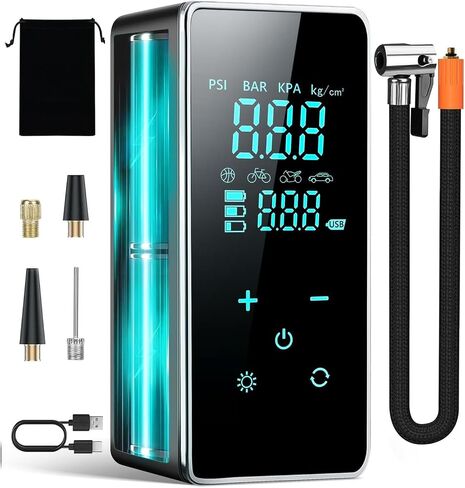 Tire Inflator Portable Air Compressor, 150 PSI Cordless Air Pump for Car Tires, Bike Pump with Tire Pressure Gauge, LED Light, Digital Touch Screen for Car, Motorcycle, Bicycle, Balls | Bike Pump with Tire Pressure Gauge, LED Light, Digital Touch Screen,  in Kuwait