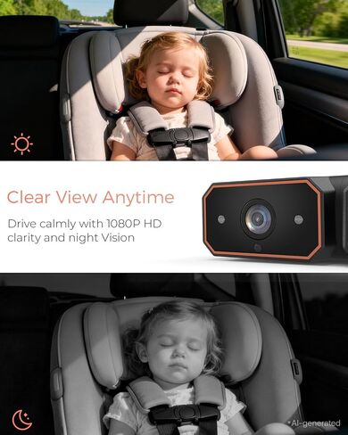 Babyvue BV6 Wireless Baby Car Camera, Baby Monitor with Suction Cup Mount | 1080P HD, 5.2" IPS Screen, Auto IR Night Vision, 3X Zoom, Easy Setup Car Seat Camera for Rear-Facing Baby Kids (Orange) in Kuwait