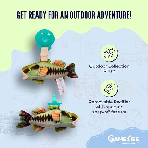 Gamezies Baby Boy and Girl Silicone Bass Fish Pacifier Outdoor Plush Toy Holder Removable, Washable Plush Toy CPSIA Tested, BPA-Free 0-6 Months in Kuwait