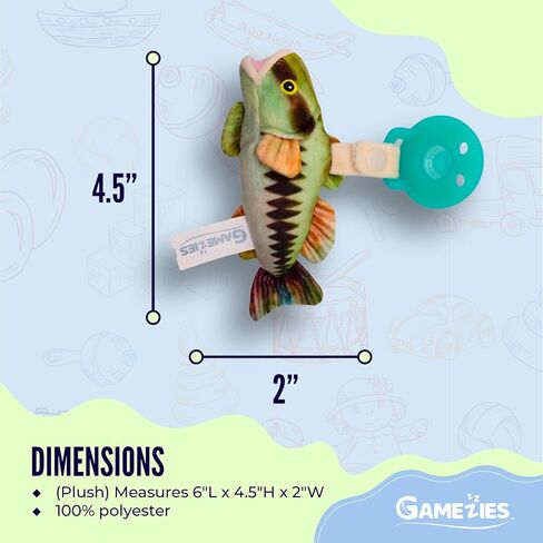Gamezies Baby Boy and Girl Silicone Bass Fish Pacifier Outdoor Plush Toy Holder Removable, Washable Plush Toy CPSIA Tested, BPA-Free 0-6 Months in Kuwait