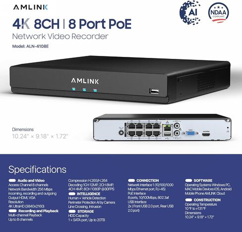 AMLINK 12MP 8CH AI NVR (8-Port PoE), Smart NVR, Human Detection & Vehicle Detection - Supports 8 x 12MP IP Cameras, Supports 1 x 20TB HDD (Not Included) ALN-4108E in Kuwait