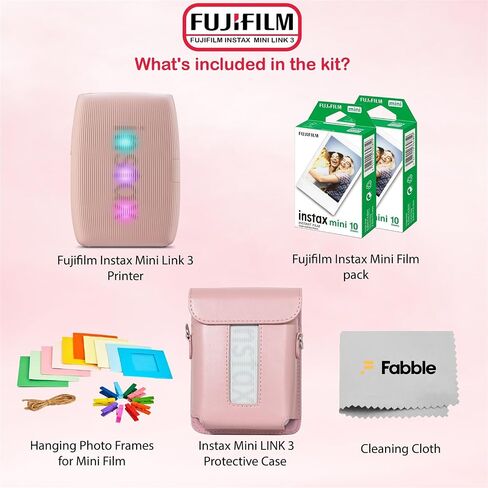 Fujifilm Instax Mini Link 3 Smartphone Printer – Rose Pink Bundle with a Protective Case, Twin Pack Instant Film (20 Sheets), Hanging Photo Frames, and Premium Microfiber Cleaning Cloth in Kuwait