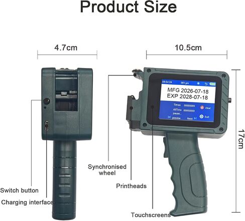 ET21 Handheld Inkjet Printer, Portable Inkjet Coder with 12.7mm W6900k Ink Cartridge, Ergonomic Handheld Printer for Packaging, Batch Coder for Bottle, Metal, Wood, Curved Surface Printing | Portable Inkjet Coder– Ergonomic Batch Coder, Prints on Bottle,  in Kuwait