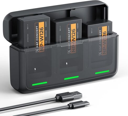K&F CONCEPT 3-Pack NP-W126 Battery and Upgraded 20W LED NP-W126S XT30III Battery Charger Compatible with Fujifilm X100vi, X100V, XM5, XE5, XT30II, XT30, X Half, XS10, XT20, XE4, A5 Cameras in Kuwait