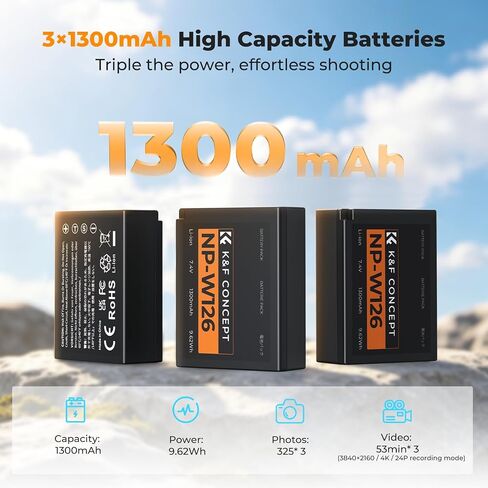 K&F CONCEPT 3-Pack NP-W126 Battery and Upgraded 20W LED NP-W126S XT30III Battery Charger Compatible with Fujifilm X100vi, X100V, XM5, XE5, XT30II, XT30, X Half, XS10, XT20, XE4, A5 Cameras in Kuwait