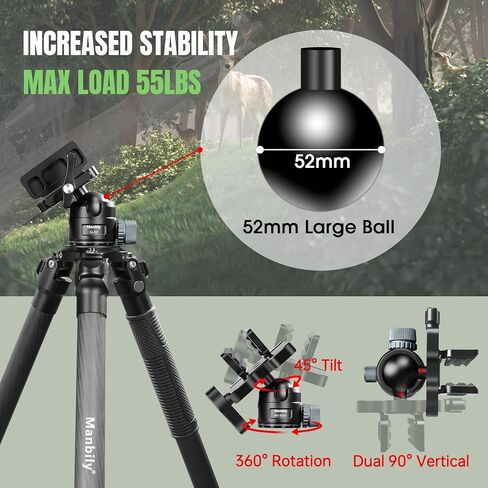 Manbily Carbon Fiber Tripod with Shooting Rest & 52mm Low Profile Ball Head for Hunting, Shooting and Outdoors, 32mm Tube, Max. Load 55lbs/25kg in Kuwait