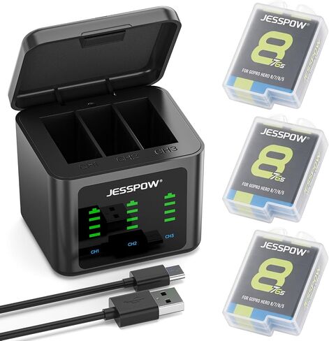 JESSPOW Battery 1500mAh for GoPro Hero 8/7/6/5 Black and 3-Channel LED USB Charger Fully Compatible with GoPro Hero 8 Battery and Charger (3-Pack) in Kuwait