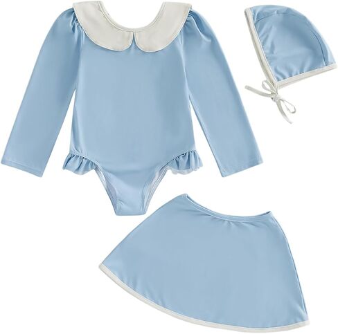 Toddler Girl Swimsuit Set Long Sleeve One Piece Rash Guard Swimsuit Romper Girl Beach Bathing Suit Skirt with Hat in Kuwait