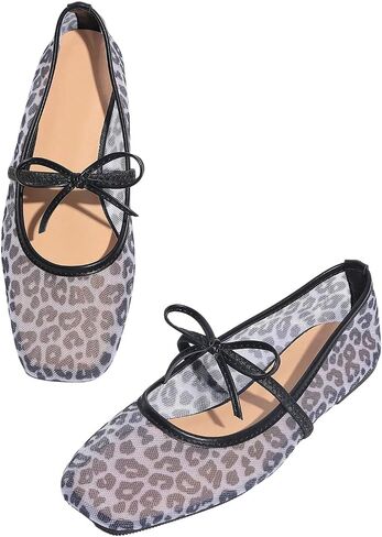 OYOANGLE Women's Leopard Mesh Ballet Flats Bow Square Closed Toe Flat Shoes Dressy Sheer Ballerina Flats in Kuwait