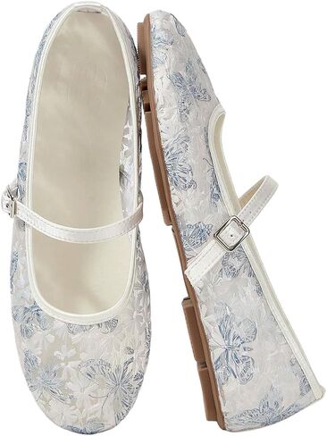 GORGLITTER Women's Floral Embroidered Mesh Ballet Flats Buckle Strap Closed Toe Wedding Bridal Flats Dressy Dress Shoes in Kuwait
