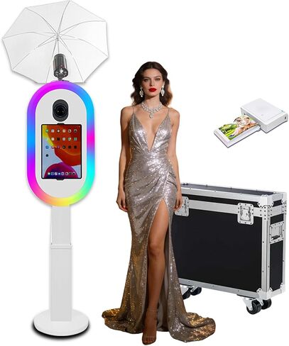 Photo Booth Compatible with iPad 10.2"-13" and Camera, with Flashlight & Height Adjustable, Selfie DSLR Photo Booth Machine for Rental Wedding Birthday Parties Events (White, Full Set) in Kuwait