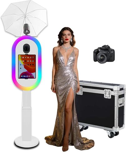 Photo Booth Compatible with iPad 10.2"-13" and Camera, with Flashlight & Height Adjustable, Selfie DSLR Photo Booth Machine for Rental Wedding Birthday Parties Events (White, Full Set) in Kuwait