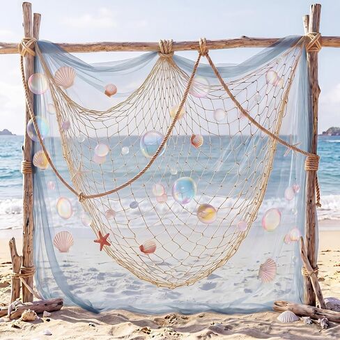 Qunclay 25 Pcs Fish Net Seashell Beach Party Decorations Include Rainbow Bubble Photo Props Nature Fish Net, Netting Decoration Colorful Seashells, Natural Starfish Beach Party, Wedding, Photography in Kuwait