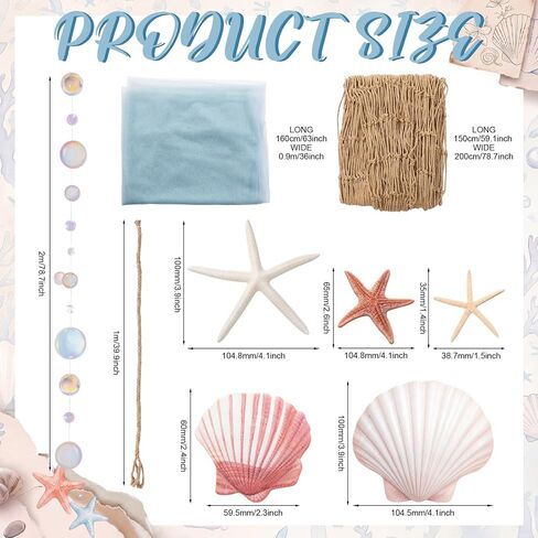 Qunclay 25 Pcs Fish Net Seashell Beach Party Decorations Include Rainbow Bubble Photo Props Nature Fish Net, Netting Decoration Colorful Seashells, Natural Starfish Beach Party, Wedding, Photography in Kuwait