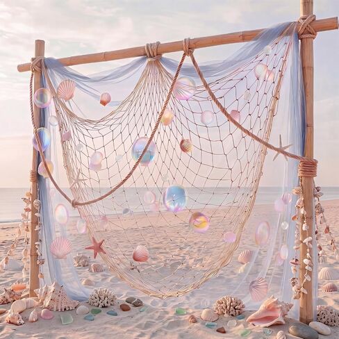 Qunclay 25 Pcs Fish Net Seashell Beach Party Decorations Include Rainbow Bubble Photo Props Nature Fish Net, Netting Decoration Colorful Seashells, Natural Starfish Beach Party, Wedding, Photography in Kuwait