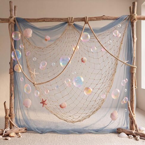 Qunclay 25 Pcs Fish Net Seashell Beach Party Decorations Include Rainbow Bubble Photo Props Nature Fish Net, Netting Decoration Colorful Seashells, Natural Starfish Beach Party, Wedding, Photography in Kuwait