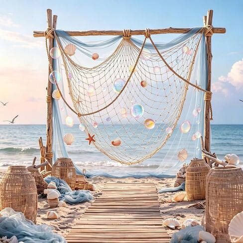 Qunclay 25 Pcs Fish Net Seashell Beach Party Decorations Include Rainbow Bubble Photo Props Nature Fish Net, Netting Decoration Colorful Seashells, Natural Starfish Beach Party, Wedding, Photography in Kuwait