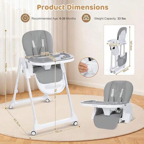 Ezebaby Foldable Baby High Chair, 3-in-1 Convertible High Chairs to Booster Seat, Portable High Chair with Adjustable Height and Recline, Removable Tray & Toy Bar in Kuwait
