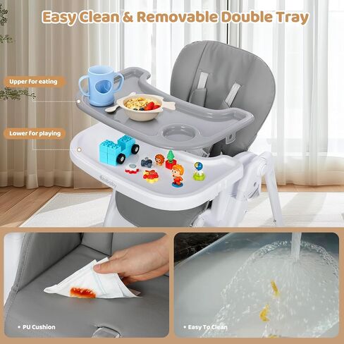 Ezebaby Foldable Baby High Chair, 3-in-1 Convertible High Chairs to Booster Seat, Portable High Chair with Adjustable Height and Recline, Removable Tray & Toy Bar in Kuwait
