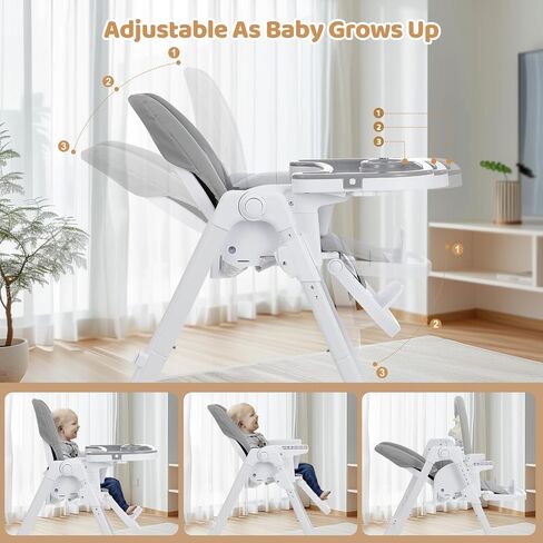 Ezebaby Foldable Baby High Chair, 3-in-1 Convertible High Chairs to Booster Seat, Portable High Chair with Adjustable Height and Recline, Removable Tray & Toy Bar in Kuwait