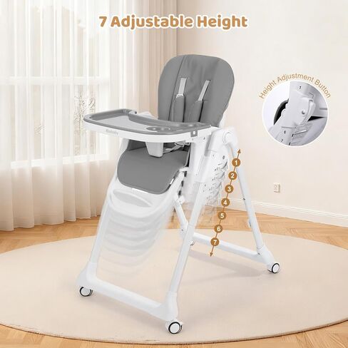 Ezebaby Foldable Baby High Chair, 3-in-1 Convertible High Chairs to Booster Seat, Portable High Chair with Adjustable Height and Recline, Removable Tray & Toy Bar in Kuwait