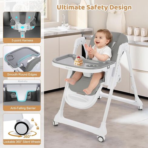 Ezebaby Foldable Baby High Chair, 3-in-1 Convertible High Chairs to Booster Seat, Portable High Chair with Adjustable Height and Recline, Removable Tray & Toy Bar in Kuwait