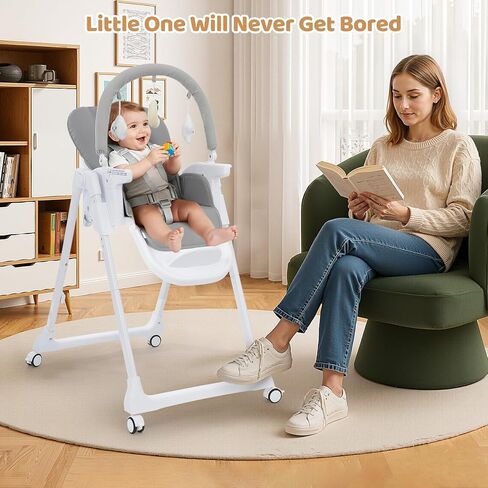 Ezebaby Foldable Baby High Chair, 3-in-1 Convertible High Chairs to Booster Seat, Portable High Chair with Adjustable Height and Recline, Removable Tray & Toy Bar in Kuwait