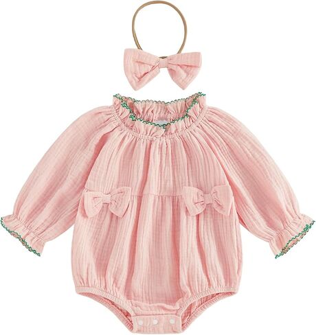 BeQeuewll Fall Winter Baby Girl Clothes Newborn Bubble Romper Long Sleeve Ruffle Bodysuit with Headband Cute Infant Outfits in Kuwait