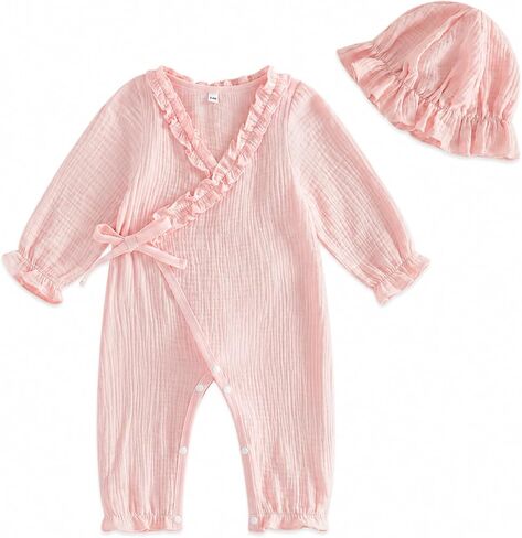 Kupretty Newborn Baby Girl Clothes Ruffle Wrap Romper+ Bonnet | Baby Coming Home Hospital Outfit, Long Sleeve Jumpsuit, Announcement Photo, Baby Shower, Boho Infant Clothes in Kuwait