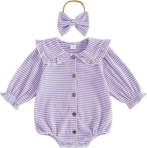 Newborn Baby Girl Waffle Romper Striped Peter Pan Collar Long Sleeve Button Up Bodysuit Cute Fall Outfit 0 3 6 12 18M in Kuwait