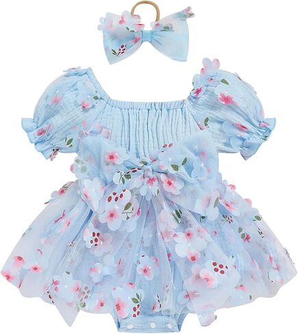 Baby Girl Romper Dress Infant Linen Tulle Bodysuit Puff Sleeve Summer Outfits With Headband Cake Smash Clothes in Kuwait