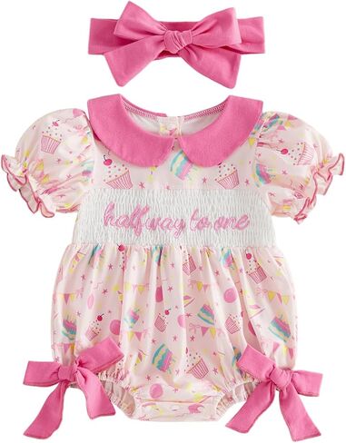 Baby Girl Birthday Outfit Halfway To One/One Bubble Romper Print Onesie Smocked Bodysuit Cute Summer Clothes in Kuwait