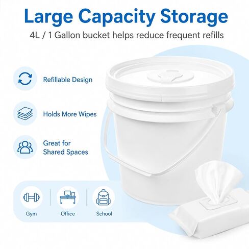 IMIKEYA Empty Wipes Bucket with Lid and Handle, 4L/1 Gallon, Sturdy Plastic | Refillable Wipes Container for Gyms Fitness Clubs Schools Offices and Commercial Facilities, White in Kuwait