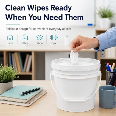 IMIKEYA Empty Wipes Bucket with Lid and Handle, 4L/1 Gallon, Sturdy Plastic | Refillable Wipes Container for Gyms Fitness Clubs Schools Offices and Commercial Facilities, White in Kuwait