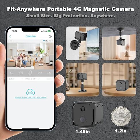 No WiFi Small Security Camera, 4G LTE Cellular Security Camera with 2K Live | Magnetic Surveillance Cam with Long Standby Battery, PIR Motion, Built-in SIM Card Camera for Apartment, Garage or Store in Kuwait