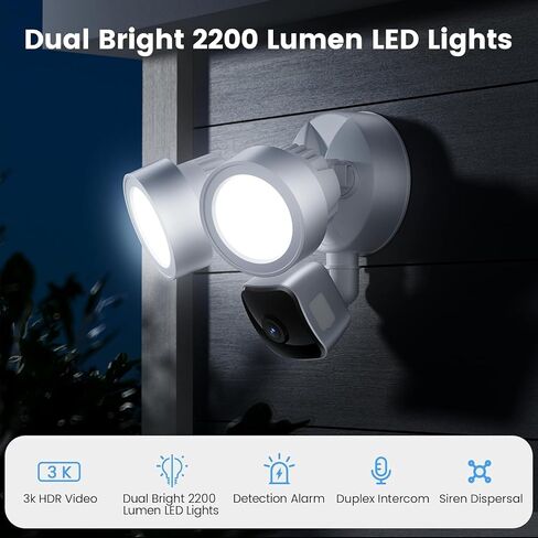 Floodlight Camera Wired, 3K UHD Outdoor Security Camera, Work w/Alexa | 2200-Lumen Motion-Activated Lights, Color Night Vision, 2-Way Audio, 105dB Siren, IP65 Waterproof for Garage, Porch & Yard in Kuwait