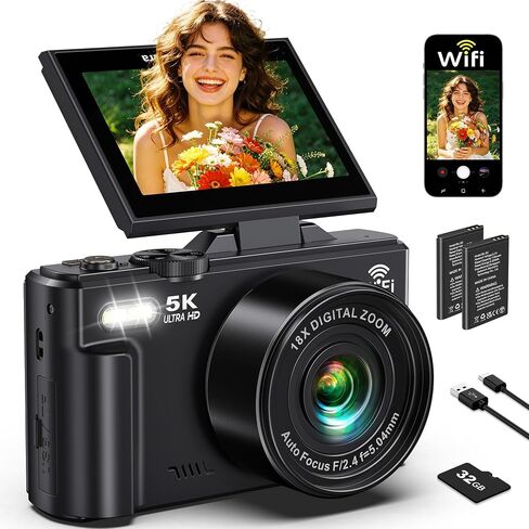 5K Digital Camera for Photography - 75MP WiFi Vlogging Camera for YouTube - UHD 18X Zoom Digital Cameras with Flip Screen 3" 180° - Travel Flash Camara for Beginners & Adults in Kuwait