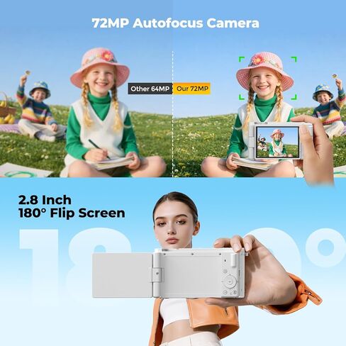 5K 72MP Digital Camera for Photography with 6X Optical Zoom, Upgraded Autofocus Vlogging Camera for YouTube with Flip Screen, 64GB Card, Anti-Shake, 2 Batteries, Compact Point and Shoot Digital Camera in Kuwait