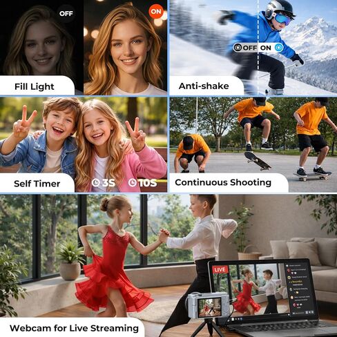 5K 72MP Digital Camera for Photography with 6X Optical Zoom, Upgraded Autofocus Vlogging Camera for YouTube with Flip Screen, 64GB Card, Anti-Shake, 2 Batteries, Compact Point and Shoot Digital Camera in Kuwait