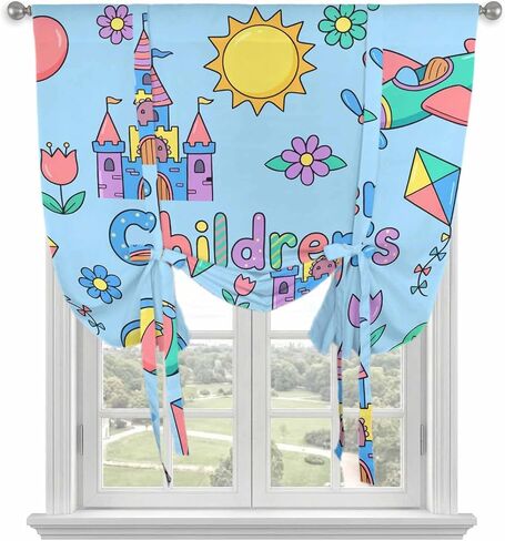 Tie Up Curtains for Small Windows,Adjustable Rod Pocket Children's Day Valance 45 Inch Short, Airplanes Sailing Boats Tree Cartoon Pink Window Treatment Balloon Roman Blind Shade, 34" x 45" in Kuwait