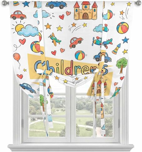 Tie Up Curtains for Kitchen Windows,Adjustable Rod Pocket Children's Day Valance 54 Inch Long, Car Tree Stars Cartoon Modern Art Window Treatment Balloon Roman Blind Shade, 42" x 54" in Kuwait