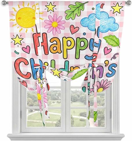 Tie Up Curtains for Kitchen Windows,Adjustable Rod Pocket Children's Day Valance 63 Inch Long, Cartoon Cute Sun Nature Flowers Leaf Window Treatment Balloon Roman Blind Shade, 46" x 63" in Kuwait