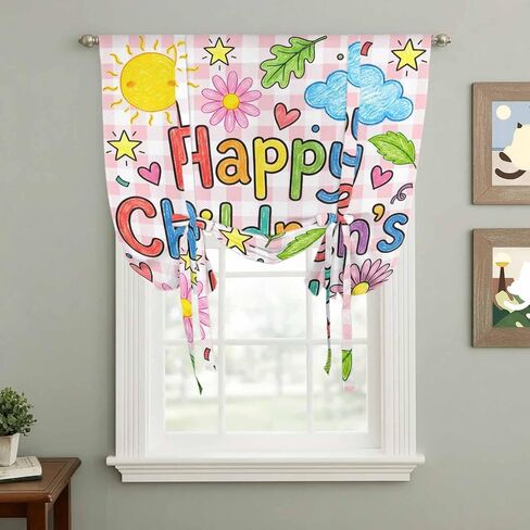 Tie Up Curtains for Kitchen Windows,Adjustable Rod Pocket Children's Day Valance 63 Inch Long, Cartoon Cute Sun Nature Flowers Leaf Window Treatment Balloon Roman Blind Shade, 46" x 63" in Kuwait