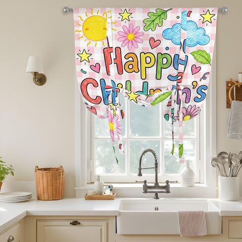 Tie Up Curtains for Kitchen Windows,Adjustable Rod Pocket Children's Day Valance 63 Inch Long, Cartoon Cute Sun Nature Flowers Leaf Window Treatment Balloon Roman Blind Shade, 46" x 63" in Kuwait