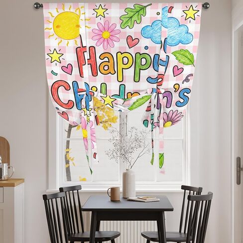 Tie Up Curtains for Kitchen Windows,Adjustable Rod Pocket Children's Day Valance 63 Inch Long, Cartoon Cute Sun Nature Flowers Leaf Window Treatment Balloon Roman Blind Shade, 46" x 63" in Kuwait