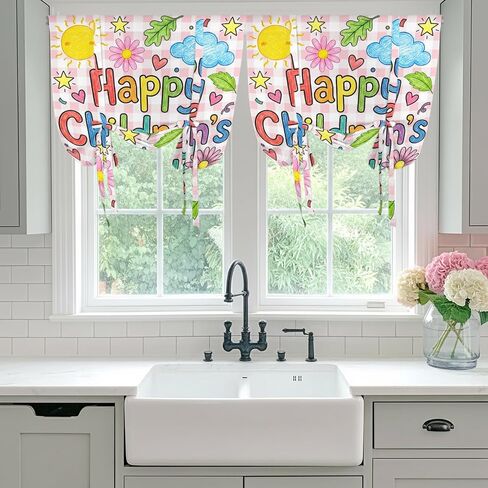 Tie Up Curtains for Kitchen Windows,Adjustable Rod Pocket Children's Day Valance 63 Inch Long, Cartoon Cute Sun Nature Flowers Leaf Window Treatment Balloon Roman Blind Shade, 46" x 63" in Kuwait