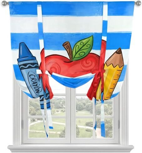 Tie Up Curtains for Kitchen Windows,Adjustable Rod Pocket Children's Day Valance 63 Inch Long, Funny Cartoon Pencil Orange Striped Window Treatment Balloon Roman Blind Shade, 42" x 63" in Kuwait
